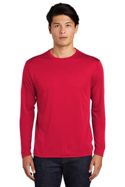 A red long sleeve tee with a crew neck and a logo. Suitable for casual wear or sports activities.