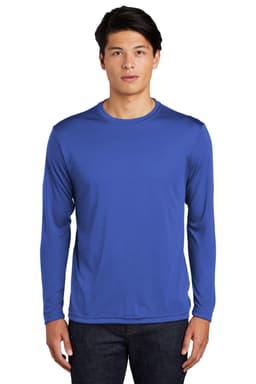 A blue long sleeve t-shirt featuring a logo, made from PosiCharge material. Suitable for active wear.