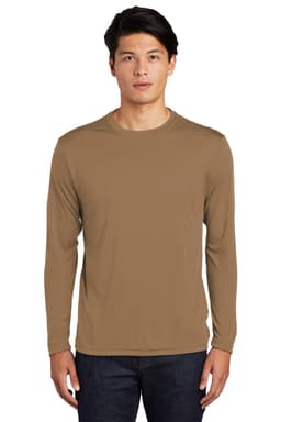 A long sleeve PosiCharge competitor tee in a tan colour, displayed on a male model. Features a logo on the shirt.