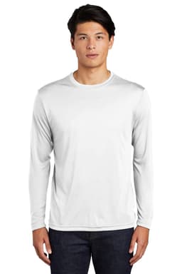 A long sleeve, white t-shirt featuring a logo, made from PosiCharge material.