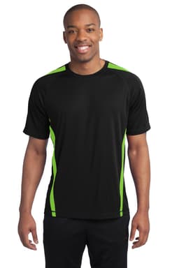 A black Sport-Tek Colorblock PosiCharge Competitor Tee with green accents. The shirt features a logo.