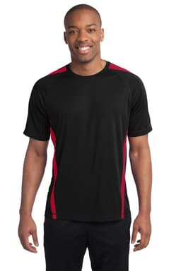 A black t-shirt featuring red colour blocking on the sides and a logo, designed for active wear.
