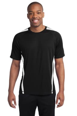 A man is wearing a black Sport-Tek Colorblock PosiCharge Competitor Tee with white accents and a logo.