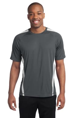 A man wearing a grey Sport-Tek Colorblock PosiCharge Competitor Tee with white accents and a logo.