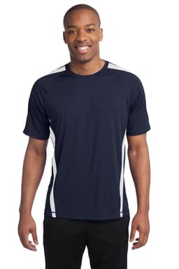 A navy blue t-shirt featuring white colourblock accents and a logo on the front. Suitable for activewear.