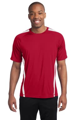 A red t-shirt with white colourblock accents and a logo, displayed on a smiling male model.