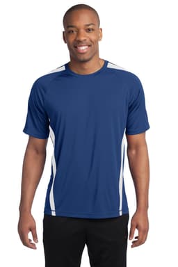 A man wearing a navy blue athletic t-shirt with white colourblocking details and a logo on the front.