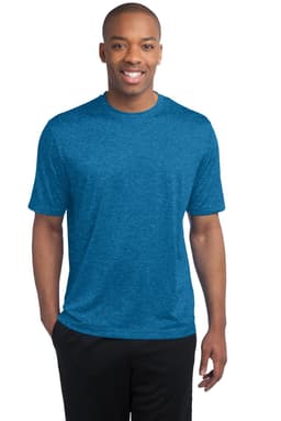 A man wearing a blue heather T-shirt, with short sleeves, featuring a logo on the front.