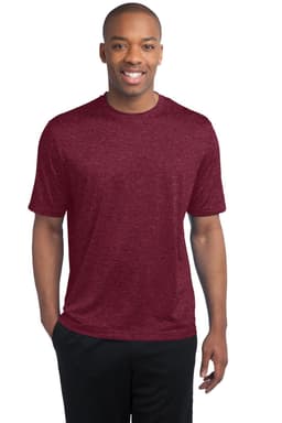 A red heather t-shirt with short sleeves, featuring a logo, worn by a smiling man.
