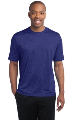 A man wearing a short-sleeve, heathered blue Sport-Tek Contender Tee, featuring a subtle logo.