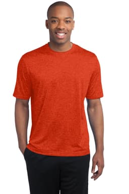 A man wearing a heather-red Sport-Tek Contender Tee, featuring short sleeves and a simple design.