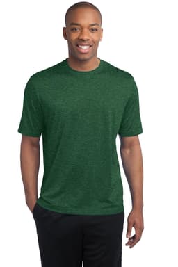 A green heather T-shirt featuring a crew neck and short sleeves, with a logo on the left side.