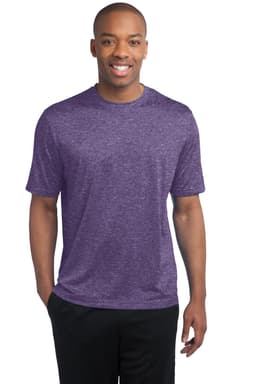 A man wearing a purple Sport-Tek Heather Contender Tee, smiling, standing against a white background.