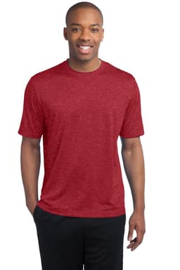 A red heather T-shirt with short sleeves, featuring a logo on the front.
