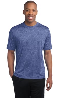 A man wearing a short-sleeved heathered navy T-shirt featuring a logo, paired with black pants.