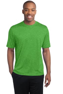 A man wearing a bright green Sport-Tek Heather Contender Tee, standing against a plain background.
