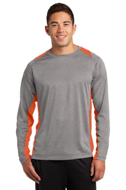 A long sleeve heather grey t-shirt featuring orange colourblock accents and a logo on the front.