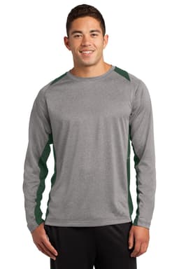 A long sleeve heather grey tee with green colourblock accents and a small logo on one side.
