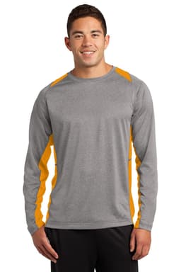 A long sleeve grey t-shirt with orange colourblock accents and a logo, worn by a male model.