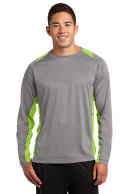 A long sleeve heather grey t-shirt featuring bright green colourblock side panels and a logo.
