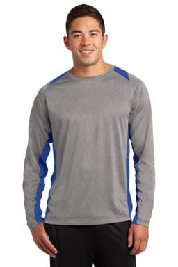 A long-sleeve heather grey tee with blue colourblock accents, featuring a logo on the chest.
