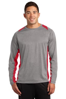 A grey long sleeve t-shirt featuring red colourblock accents and a logo.