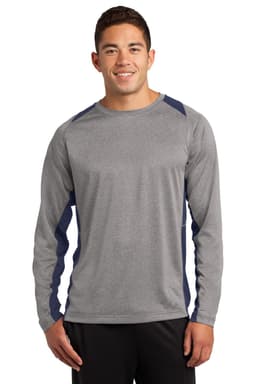 A long sleeve heather grey tee with navy blue block accents, featuring a logo on the chest.