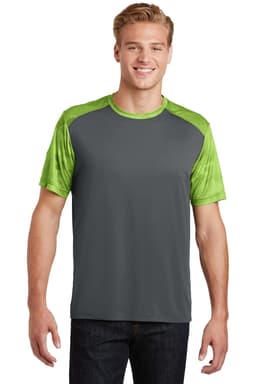 A grey and green Sport-Tek CamoHex Colorblock Tee featuring short sleeves and a logo.