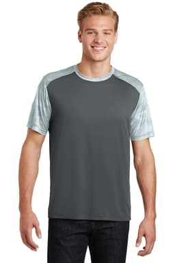 A grey and teal Sport-Tek CamoHex Colorblock Tee featuring contrasting sleeves and a logo on the front.