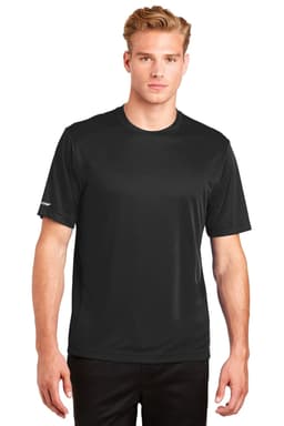 A black Sport-Tek PosiCharge Elevate Tee displayed on a male model. The shirt features a logo on one sleeve.
