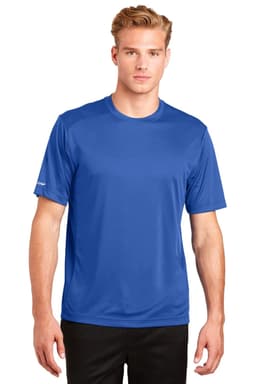 A blue athletic t-shirt with short sleeves, featuring a logo on the sleeve.