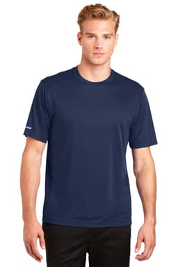 A navy T-shirt featuring a logo, designed from moisture-wicking fabric, with short sleeves and a classic fit.
