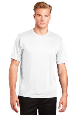 A white athletic T-shirt featuring short sleeves, with a logo on one sleeve. Suitable for casual wear or sports.