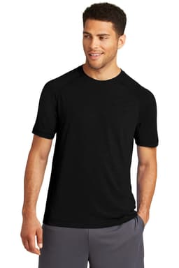 A black Sport-Tek PosiCharge Tri-Blend Wicking Raglan Tee displayed on a model, featuring short sleeves and a relaxed fit.