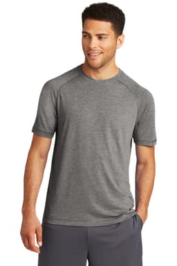 A grey tri-blend wicking raglan tee featuring short sleeves and a branding logo.
