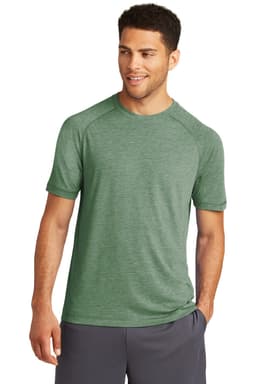 A green Sport-Tek PosiCharge Tri-Blend Wicking Raglan Tee displayed on a model. The shirt has a logo.
