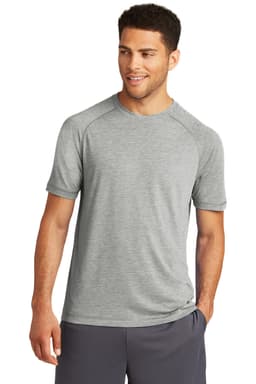 A grey Sport-Tek PosiCharge Tri-Blend Wicking Raglan T-Shirt featuring short sleeves and a logo.