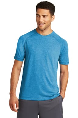 A blue tri-blend wicking raglan tee worn by a smiling male model, featuring short sleeves and a logo.