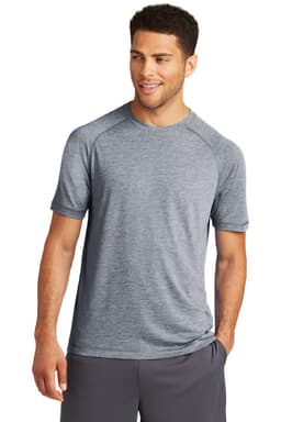A grey tri-blend wicking raglan tee featuring short sleeves and a sporty design, with a logo on it.