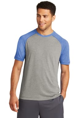 A grey and blue Tri-Blend Wicking Raglan Tee with short sleeves and a subtle logo on the front.