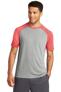 A grey and red Sport-Tek PosiCharge Tri-Blend Wicking Raglan Tee, featuring a logo on the front.