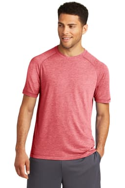 A red tri-blend wicking raglan tee with short sleeves and a relaxed fit, featuring a logo.