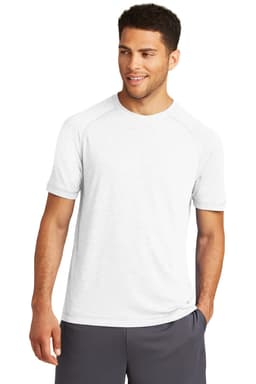 A grey tri-blend wicking raglan tee with short sleeves, featuring a logo on the side.