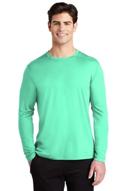 A long sleeve tee in a vibrant mint green colour, featuring a logo on the chest.