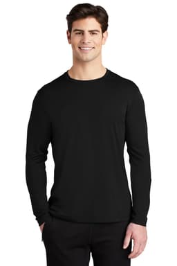 A black long sleeve tee with a crew neckline, featuring a simple design and a logo.