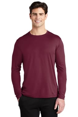 A long sleeve maroon T-shirt with a comfortable fit and a logo on the chest. Suitable for casual wear.
