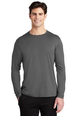 A long sleeve grey T-shirt featuring a logo, designed for active wear.