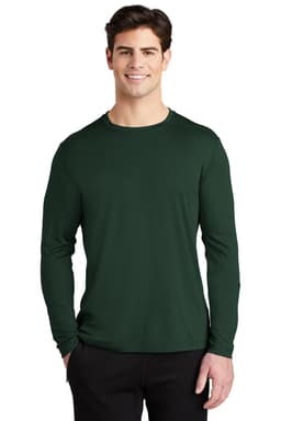 A long sleeve T-shirt in dark green, featuring a logo, worn by a smiling male model.