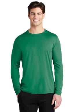 A long sleeve green tee shirt, designed for sports, featuring a fitted style and a logo on it.
