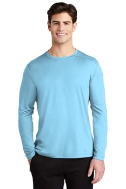 A long sleeve tee in light blue, featuring a round neck and a branding logo. Suitable for casual wear.
